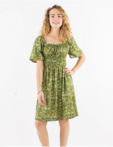Petite robe d'été mi longue avec fronces et imprimé original boho doré vert kaki
