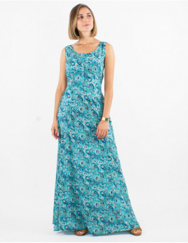 Summer bohemian flared long dress with small blue flowers print