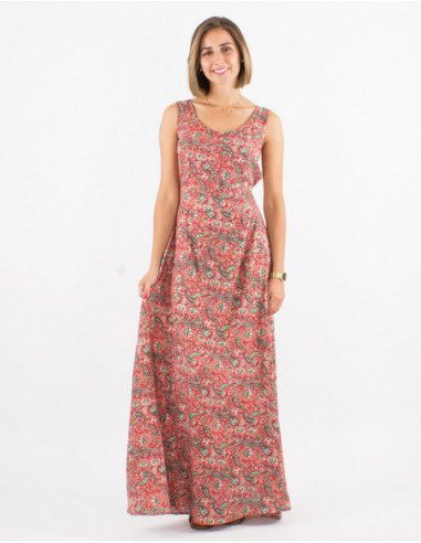 Summer bohemian flared long dress with small pink coral flowers print