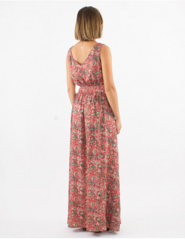 Long summer dress with small bohemian flowers orange coral