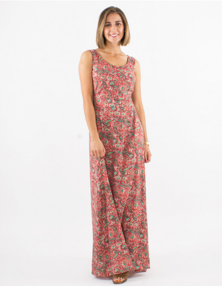 Orange coral boho print maxi dress for women