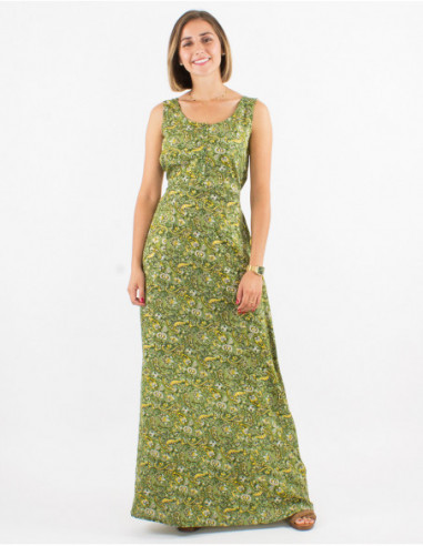 Summer bohemian flared long dress with small khaki green flowers print
