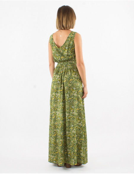 Long summer dress with small bohemian flowers khaki green