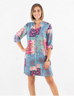 Original baba cool short dress with 3/4 sleeves and floral patchwork front buttons 2