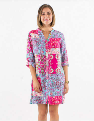 Robe courte chemise à manches 3/4 imprimé original patchwork fleuri rose