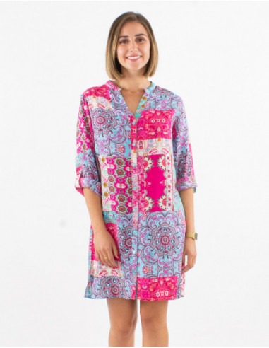 Original baba cool short dress with 3/4 sleeves and floral patchwork front buttons