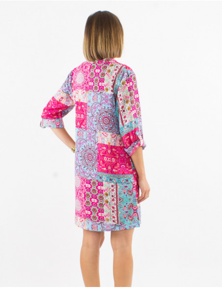 Pink patchwork baba cool floral flowing button down short dress