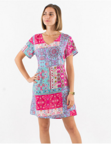 Small flowing summer dress in cotton with patchwork print baba cool pink