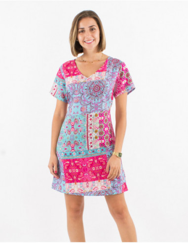Robe courte légère en coton pour l'été motifs patchwork boho fleuri rose