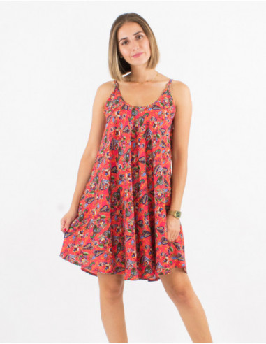 Short flowing summer dress with thin straps and coral pink floral paisley print