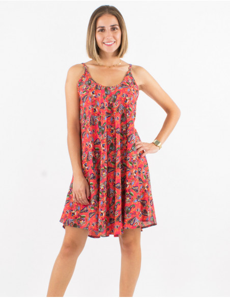 Lightweight bohemian chic short dress, flared cut, coral pink floral paisley