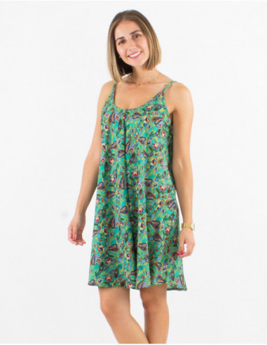 Short flowing summer dress with thin straps and emerald blue floral paisley print