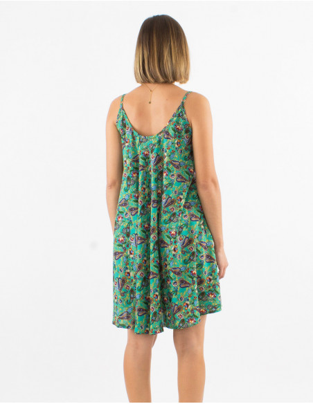 Perfect short dress for summer with emerald blue floral paisley print