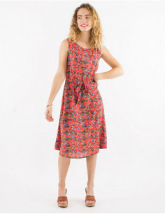 Mid-length summer flared dress with sleeveless waist and romantic pattern 2