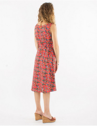 Mid-length summer flared dress with sleeveless waist and coral pink romantic pattern