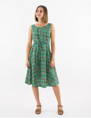 Mid-length summer flared dress with sleeveless waist and romantic pattern
