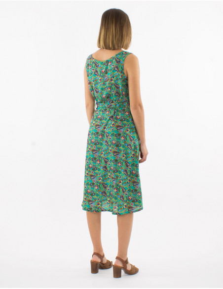 Mid-length summer flared dress with sleeveless waist and emerald blue romantic pattern