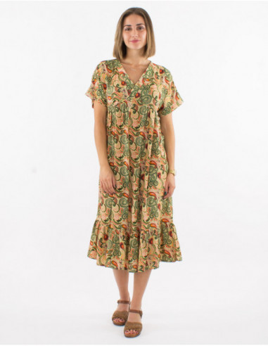 Mid-length flowing summer dress with ruffles in original boho cashmere print ecru