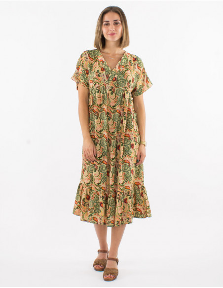 Mid-length flowing summer dress with ruffles in original boho cashmere print ecru