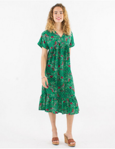 Flamenco mid-length dress with ruffles in green bohemian cashmere print