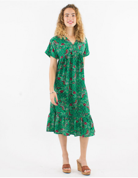 Flamenco mid-length dress with ruffles in green bohemian cashmere print