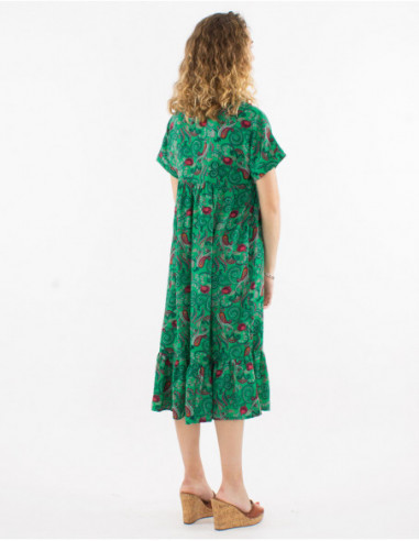 Original ruffled midi dress for spring with romantic green paisley