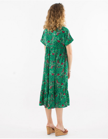 Robe midi originale à volants pour le printemps à motifs cachemire romantique bleu émeraude