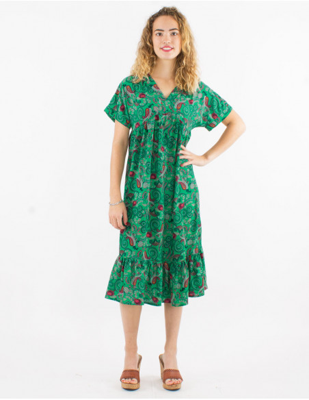 Mid-length flowing summer dress with ruffles in original boho cashmere print emerald green