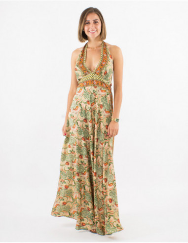 Sexy long flowing halter dress with romantic paisley print in beige