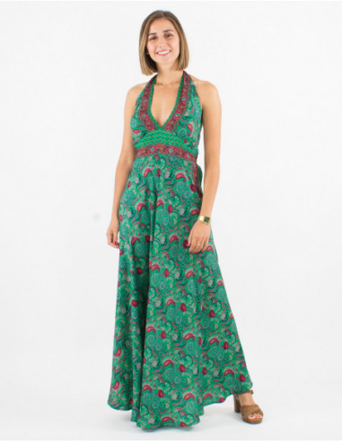 Sexy long flowing halter dress with romantic paisley print in emerald blue