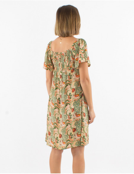 Robe courte manches courtes avec fronces originales motif bohème chic floral écru