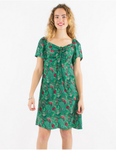 Romantic short dress with gathers on the chest in emerald blue paisley print