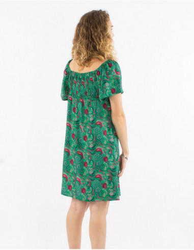 Robe courte manches courtes avec fronces originales motif bohème chic floral bleu émeraude