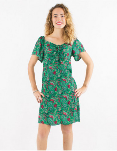 Robe courte fluide originale avec fronces pour l'été cachemire fleuri bleu émeraude