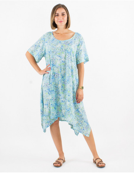 Original boho asymmetrical panels beach dress for summer with abstract print