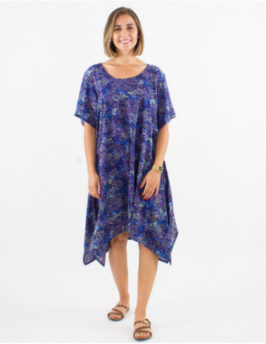 Lightweight asymmetrical beach dress for women with navy blue abstract print