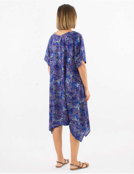 Lightweight flowing asymmetrical mid-length dress for summer with original navy blue pattern