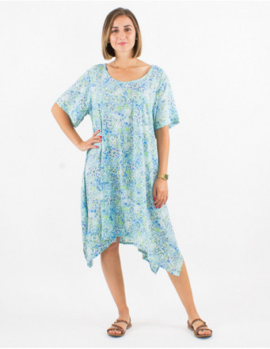 Lightweight asymmetrical beach dress for women with mint green abstract print
