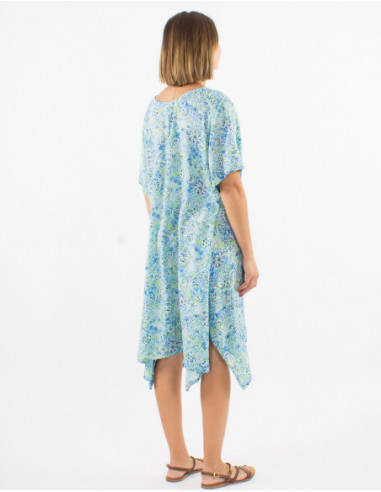 Robe mi longue asymétrique fluide et légère pour l'été à motif original vert menthe
