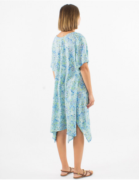 Lightweight flowing asymmetrical mid-length dress for summer with original mint green pattern