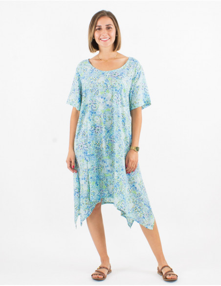 Original boho asymmetrical panels beach dress for summer with pastel green abstract print
