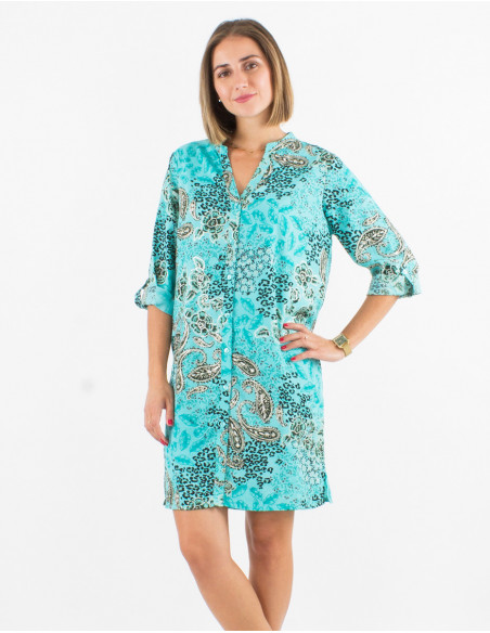 Short dress with buttons 3/4 sleeves printed boho chic silver