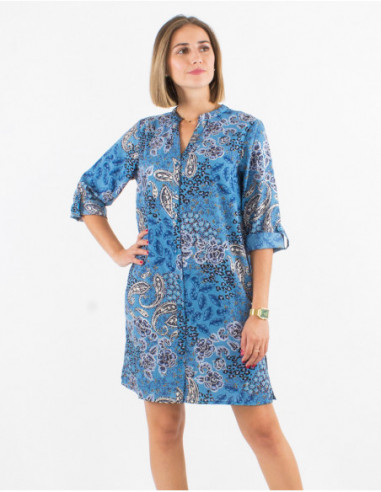 Short dress with buttons 3/4 sleeves printed boho chic silver blue