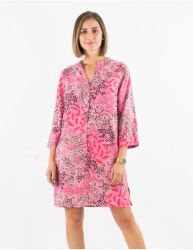 Robe courte à boutons manches 3/4 imprimé boho chic argenté rose