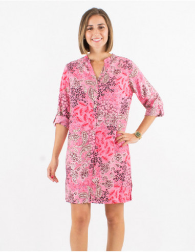 Robe chemise courte à manches 3/4 estivale original à motif cachemire argenté rose