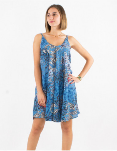 Small flared summer dress for women with silver blue paisley print