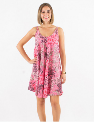 Small flared summer dress for women with silver pink paisley print