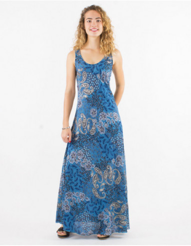 Lightweight flowing long dress for summer in silver blue bohemian paisley print