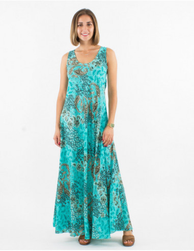 Lightweight flowing long dress for summer in silver turquoise bohemian paisley print