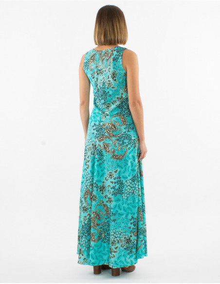 Original turquoise blue flower print long beach dress for summer